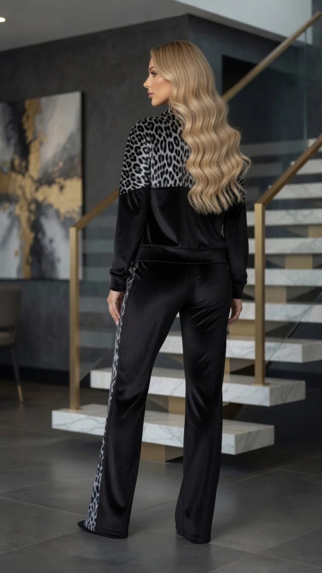 Velour Leopard Print Zip-Up Jacket &amp; Trouser Set