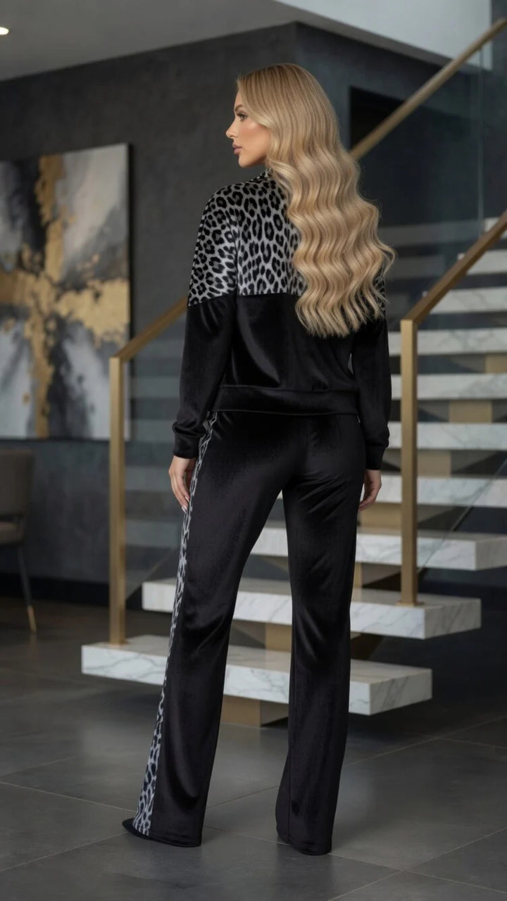 Velour Leopard Print Zip-Up Jacket &amp; Trouser Set