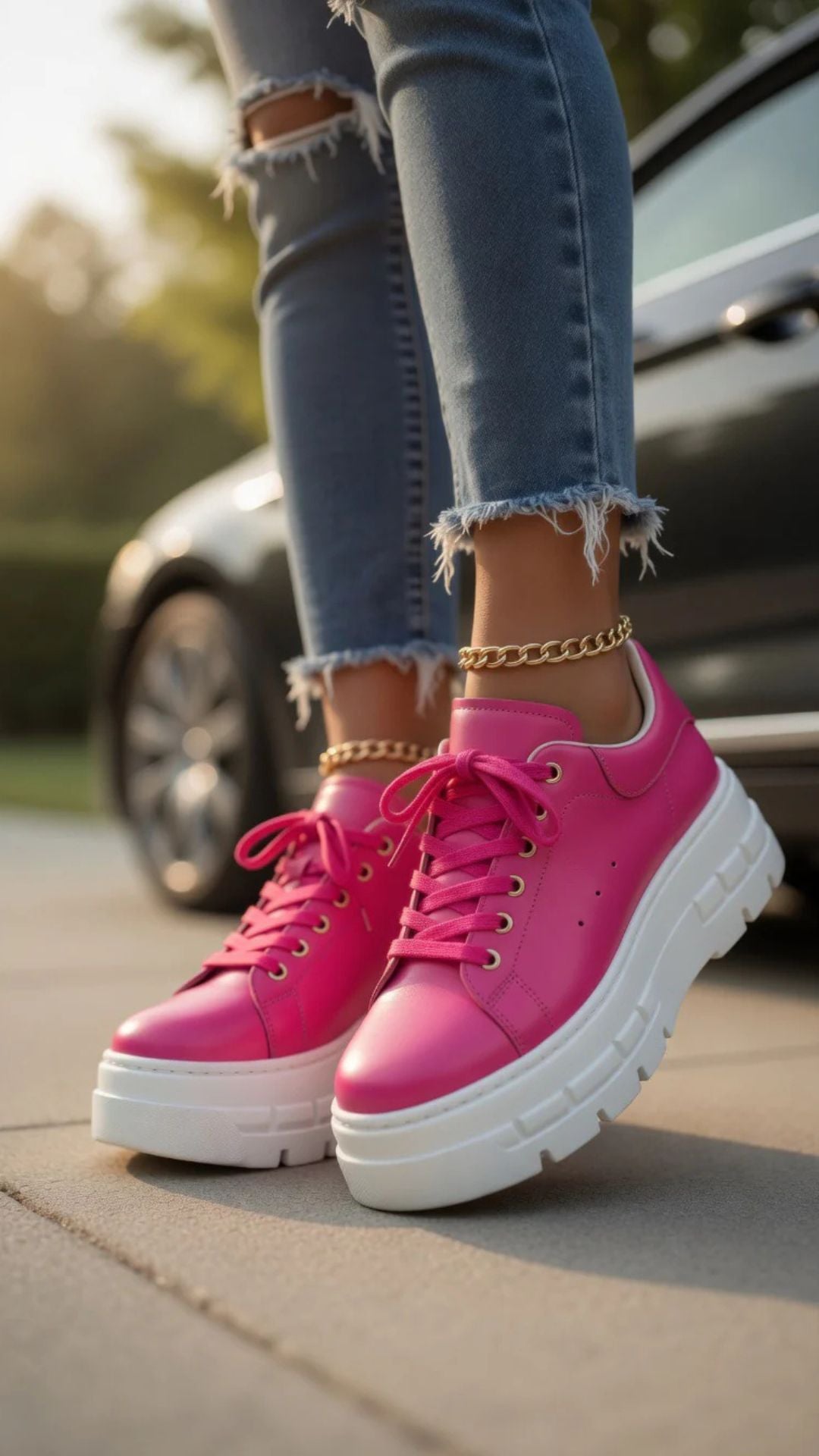 Faux Leather Lace-Up Chunky Platform Sole Trainers