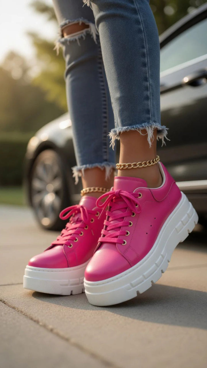 Faux Leather Lace-Up Chunky Platform Sole Trainers