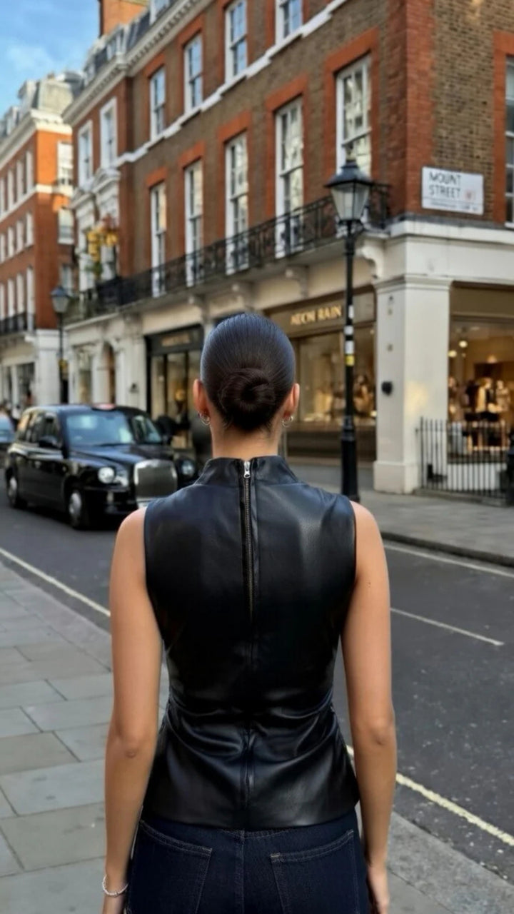Faux Leather High Neck Sleeveless Top