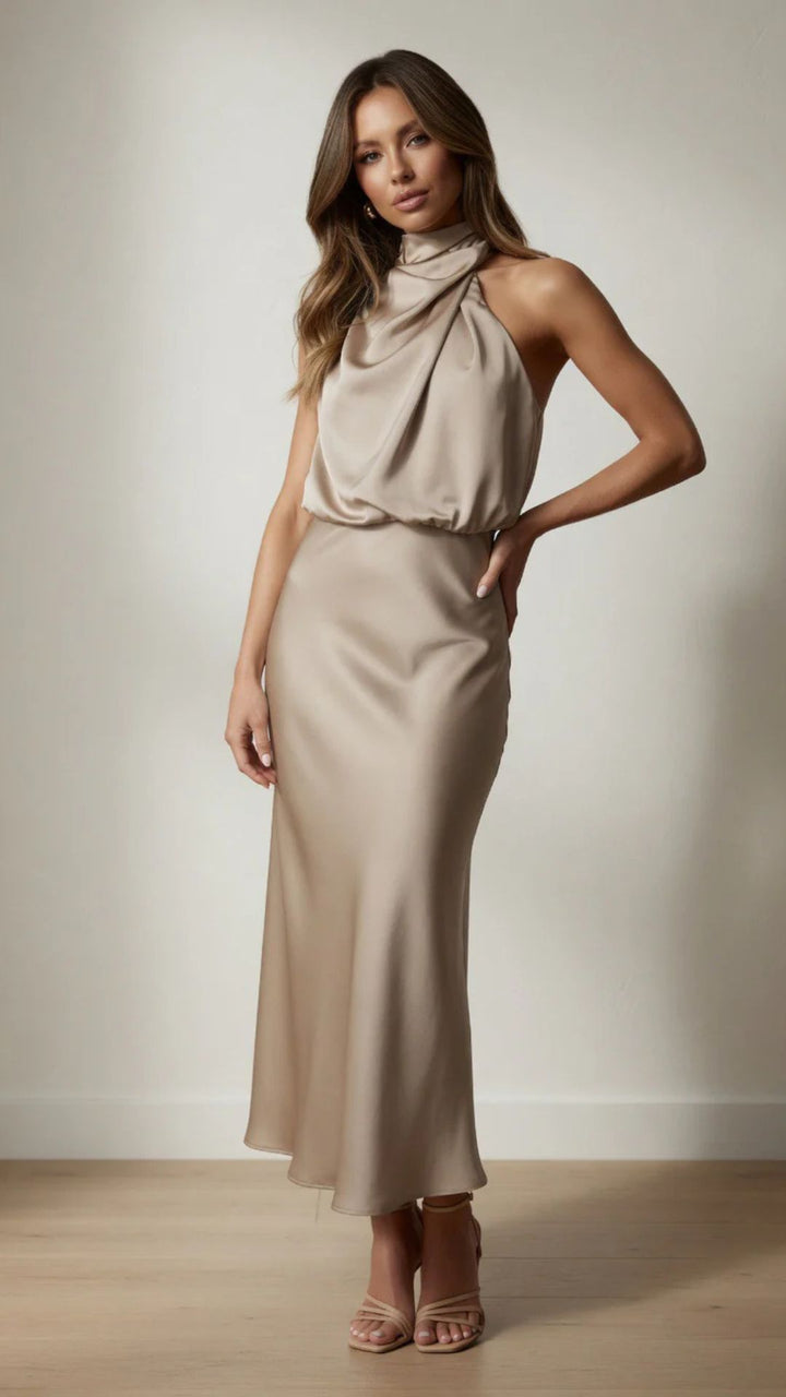Satin Cowl Halter Neck Midi Dress