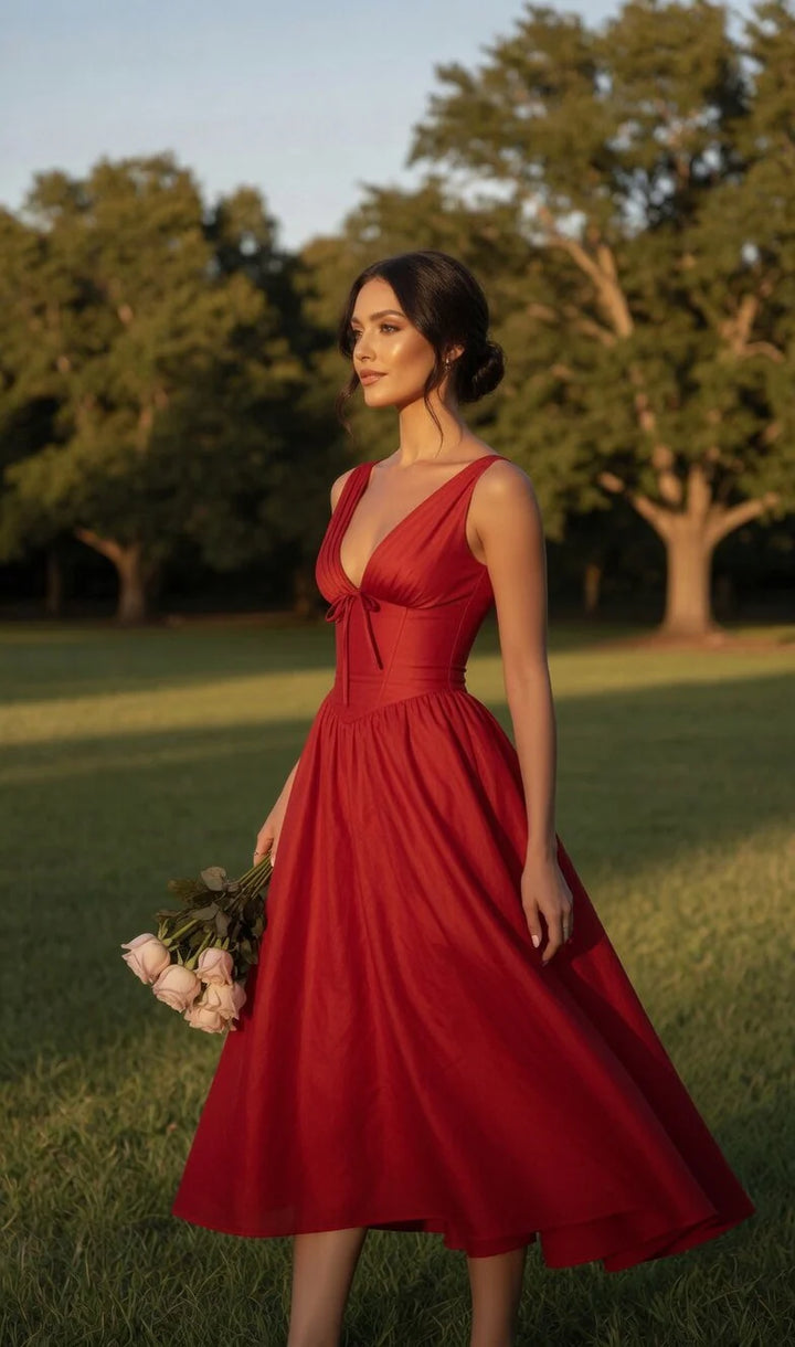 Deep V-Neck Corset Midi Dress