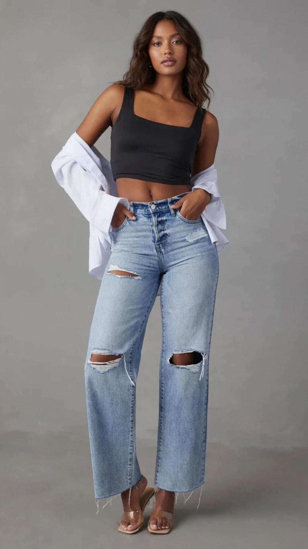 Ripped Detail Straight Denim Jeans