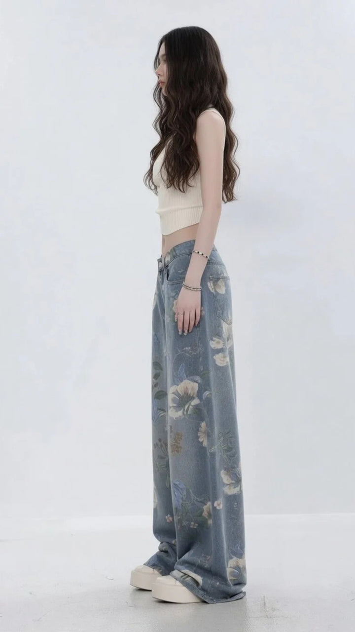 Floral Print Straight Wide-Leg Denim Jeans