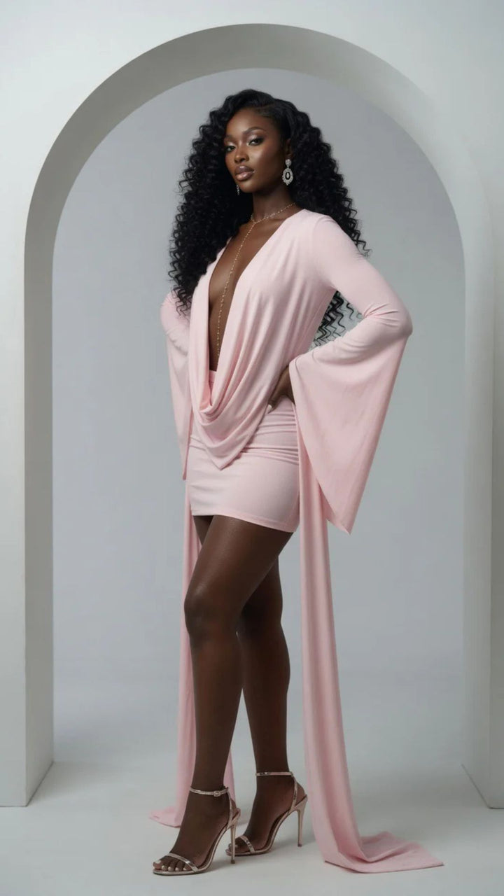 Mesh Cowl-Neck Long Sleeve Mini Dress