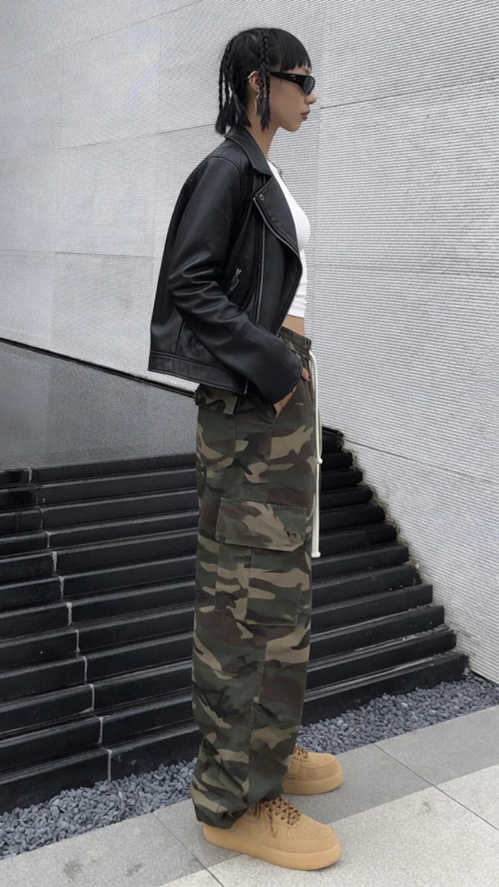 Camouflage Print Multi-Pocket Cargo Trousers