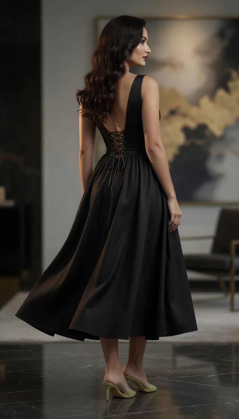 Deep V-Neck Corset Midi Dress