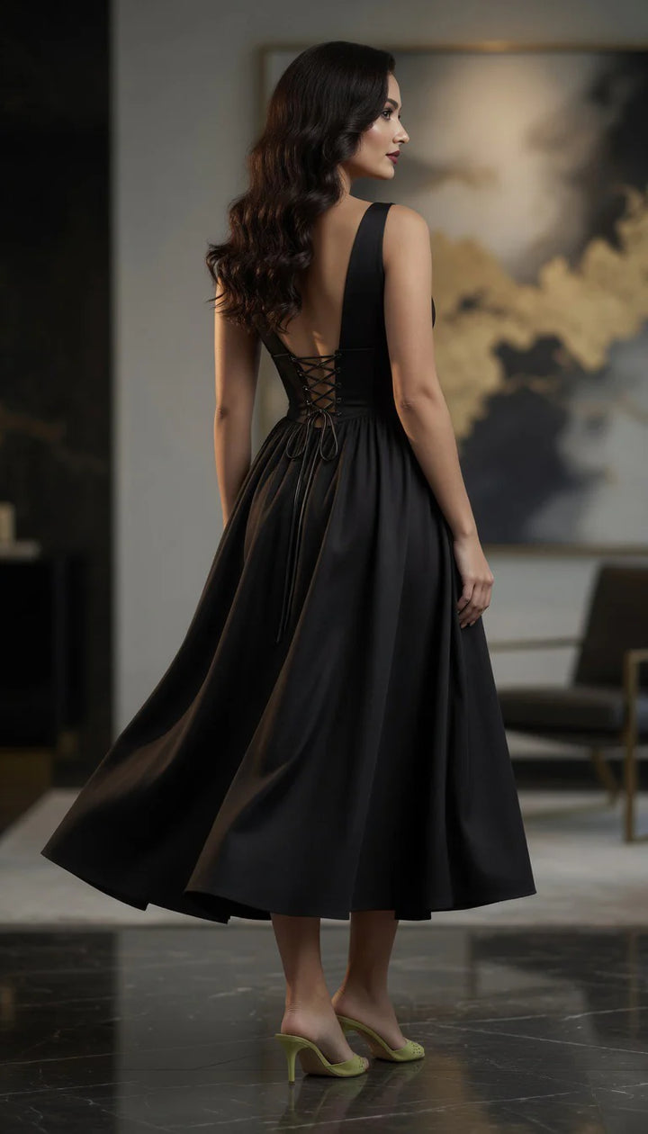 Deep V-Neck Corset Midi Dress