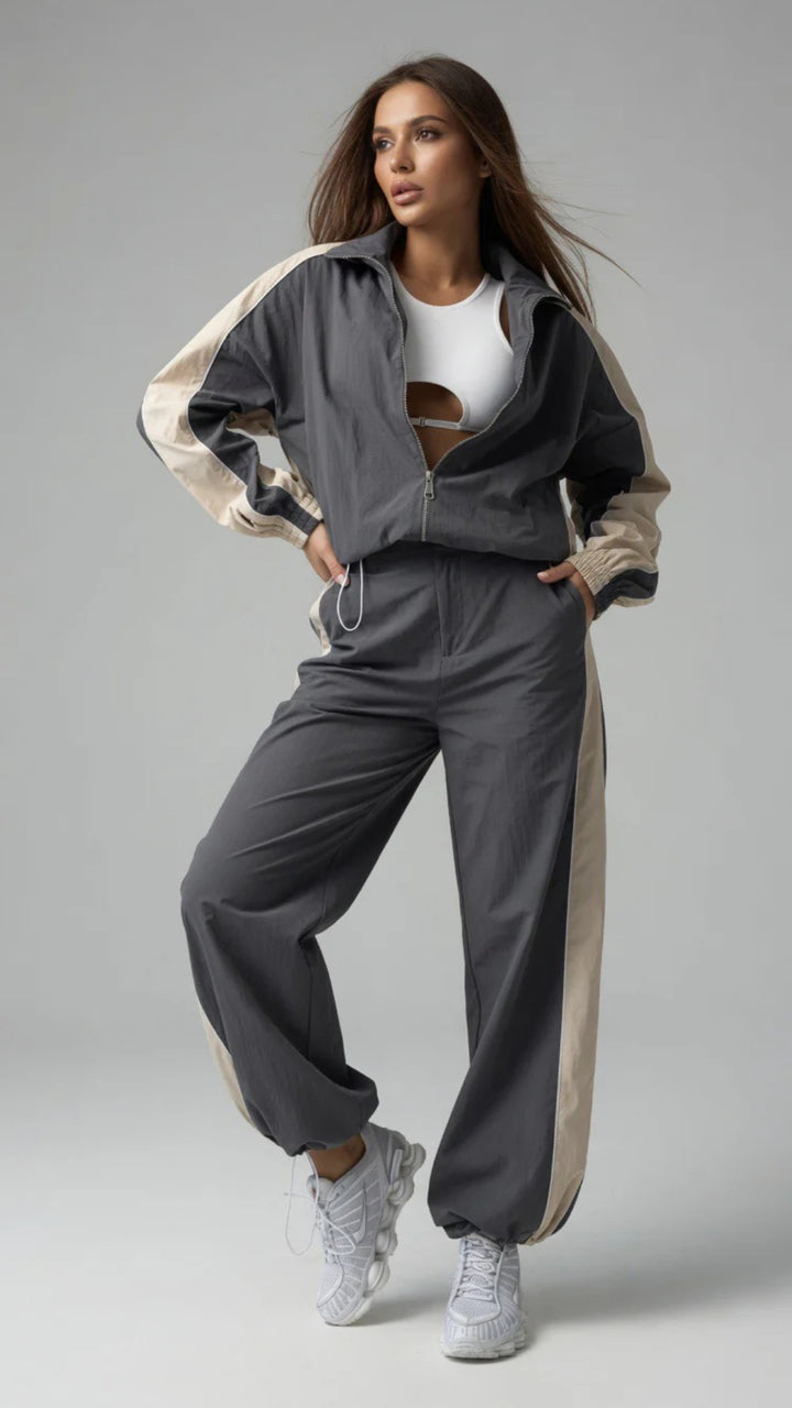 Two-Tone Colour Zip-Up Jacket &amp; Wide Leg Parachute Trouser Set