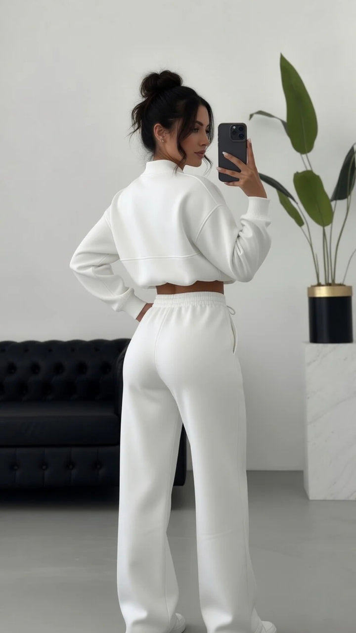 Bomber Zip-Up Cropped Sweatshirt &amp; Wide Leg Trousers Set