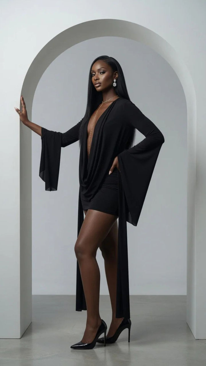 Mesh Cowl-Neck Long Sleeve Mini Dress