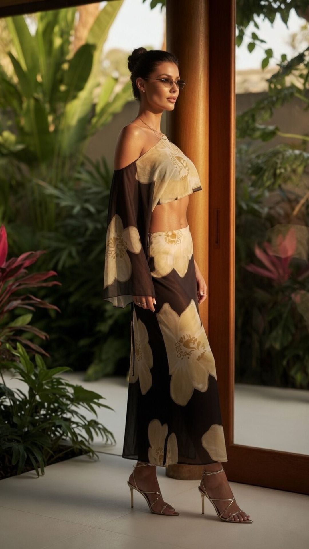 Tropical Floral Print Asymmetrical Crop Top and Maxi Skirt Co-Ord Set