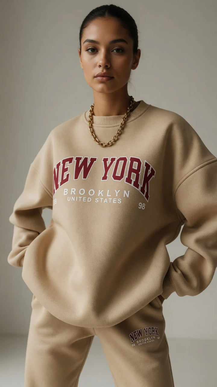 Oversized “New York” Print Sweatshirt and Wide-Leg Trouser Set