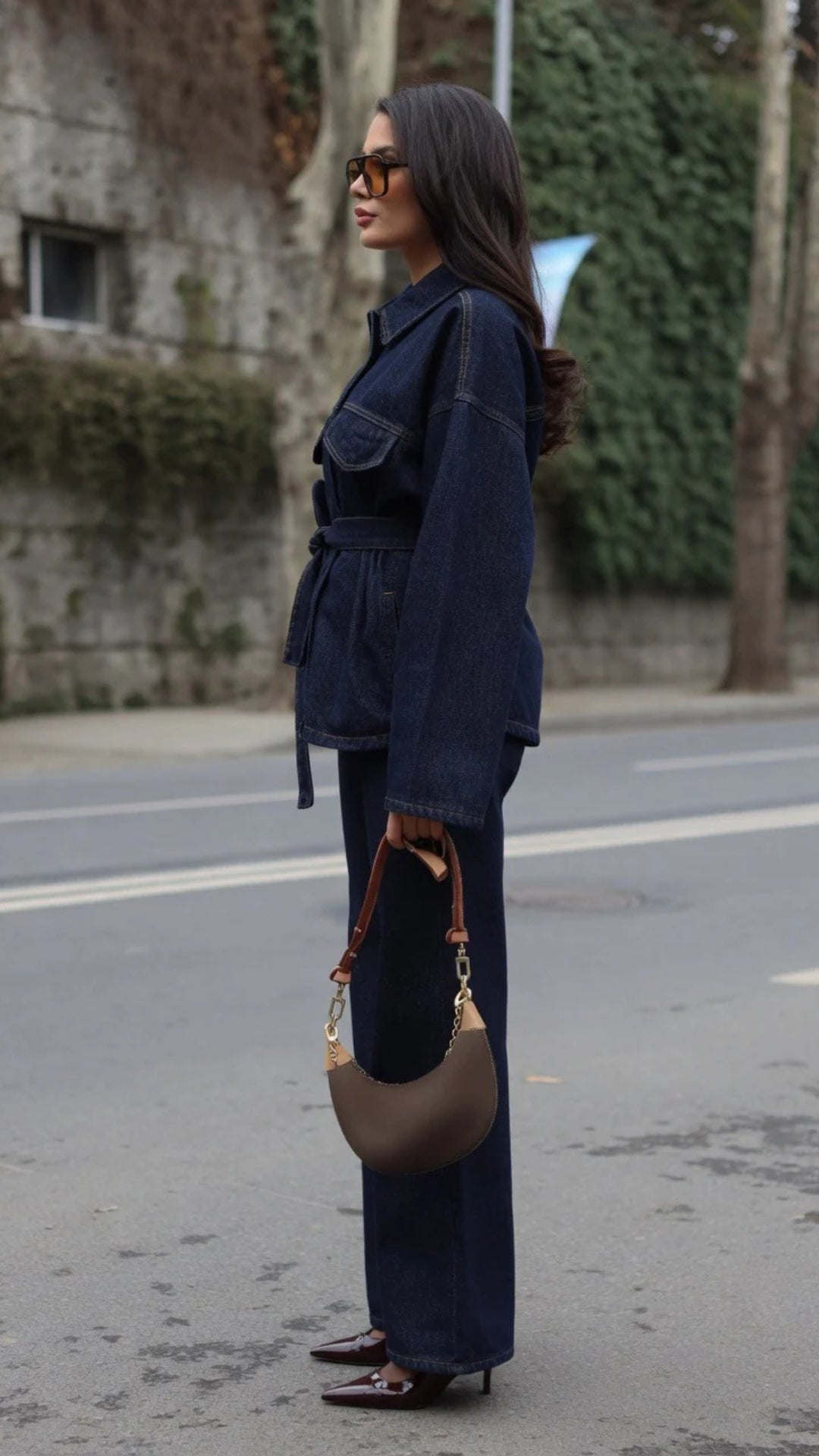 Indigo Blue Belted Denim Jacket &amp; Wide-Leg Jeans Set