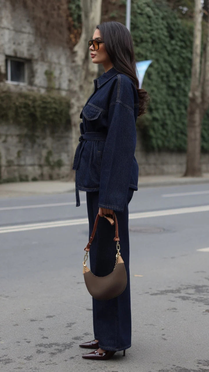 Indigo Blue Belted Denim Jacket &amp; Wide-Leg Jeans Set