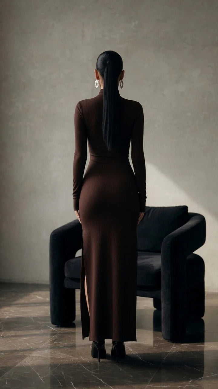 High-Neck Long Sleeve Slit Maxi Dress