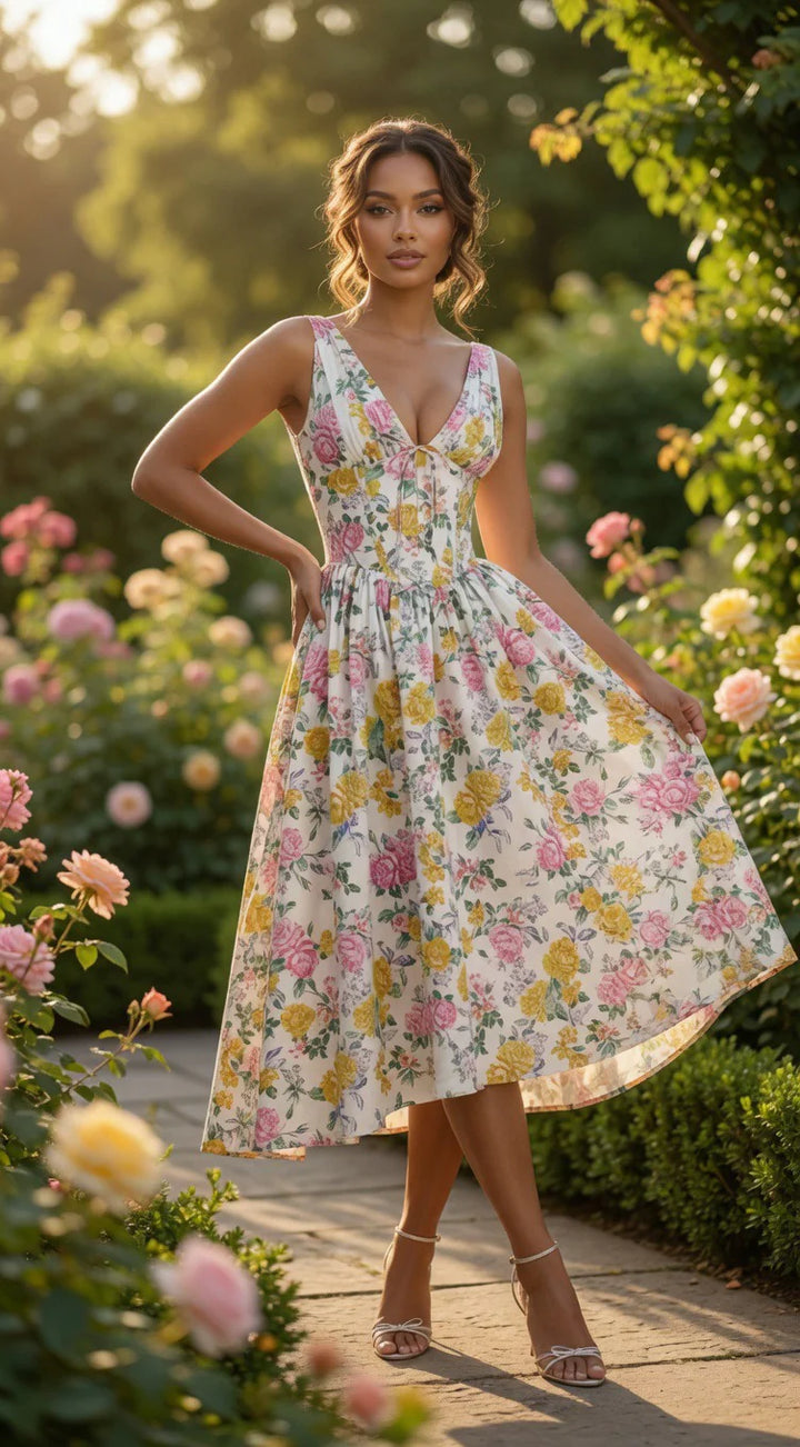 Deep V-Neck Corset Midi Dress
