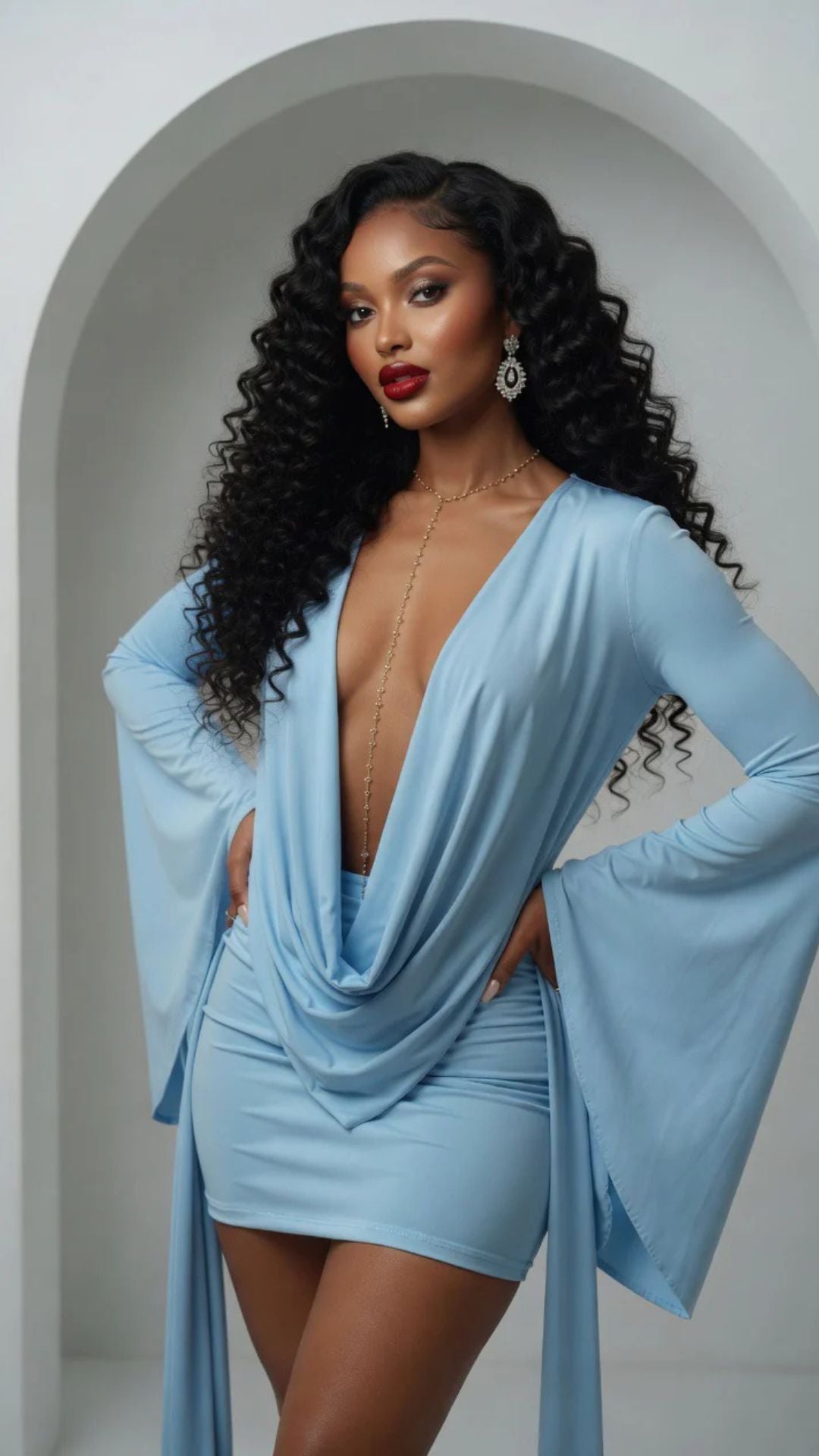 Mesh Cowl-Neck Long Sleeve Mini Dress