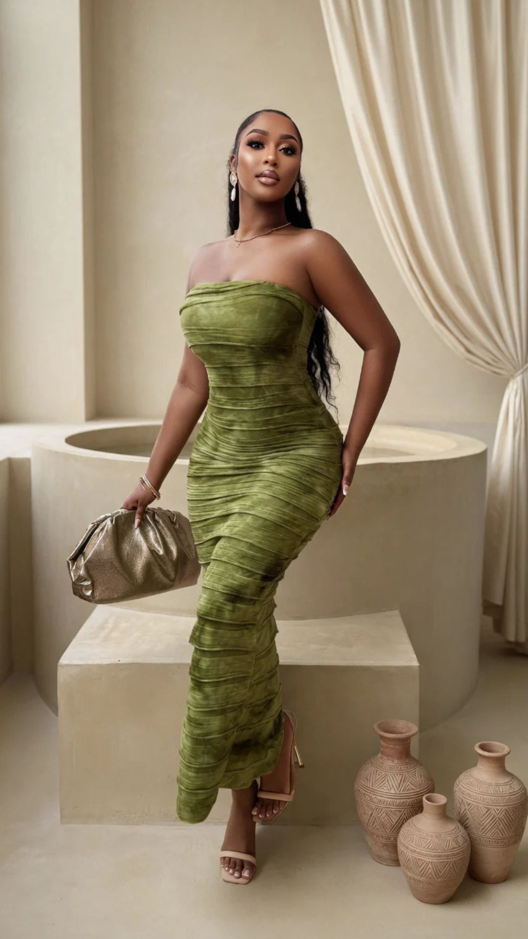 Tie-Dye Print Strapless Contrast-Stitched Bodycon Maxi Dress
