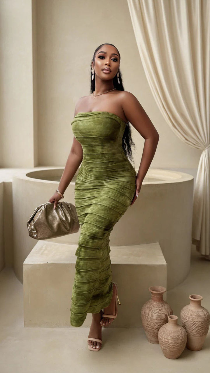 Tie-Dye Print Strapless Contrast-Stitched Bodycon Maxi Dress