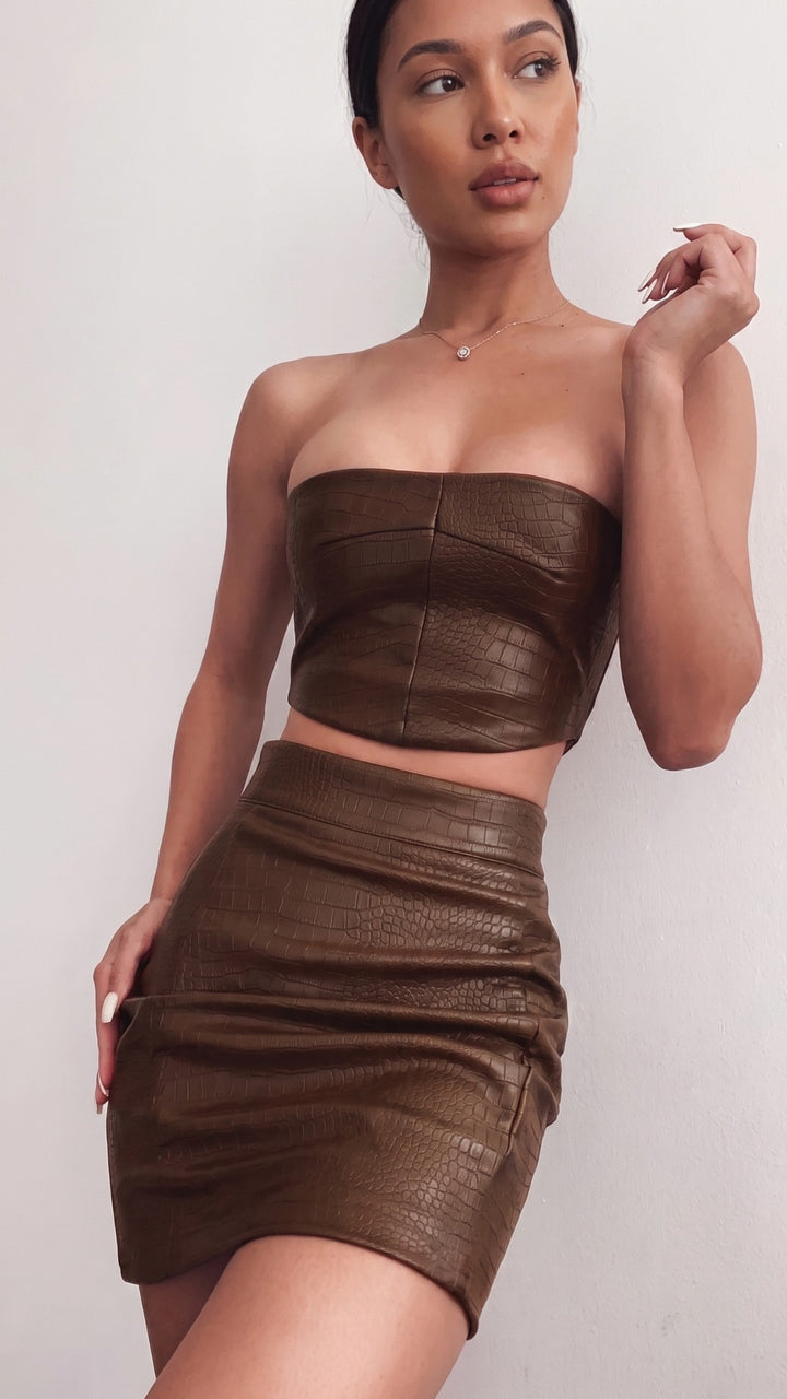 Croc Embossed Faux Leather Strapless Corset Top &amp; Mini Skirt Co-Ord Set