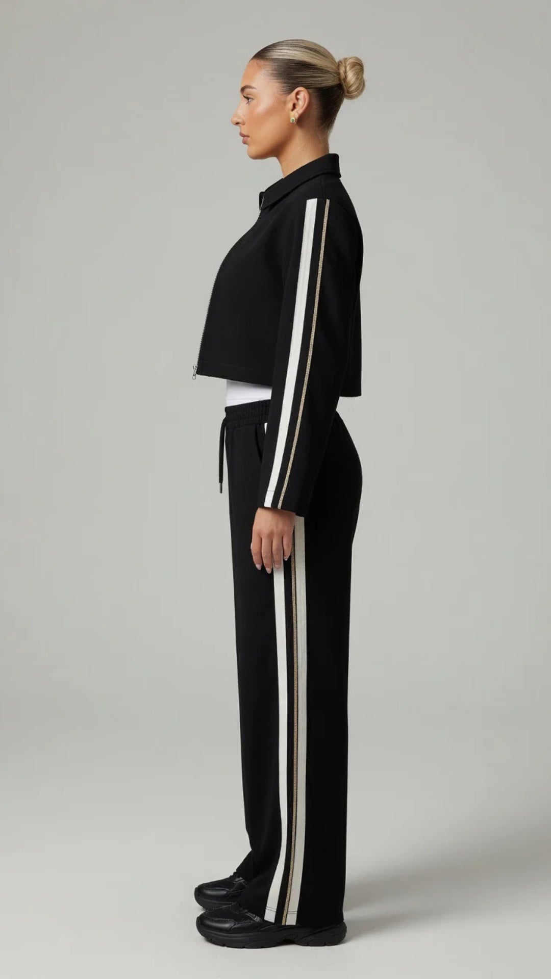 Black &amp; White Side Stripe Zip-Up Jacket and Trouser Set