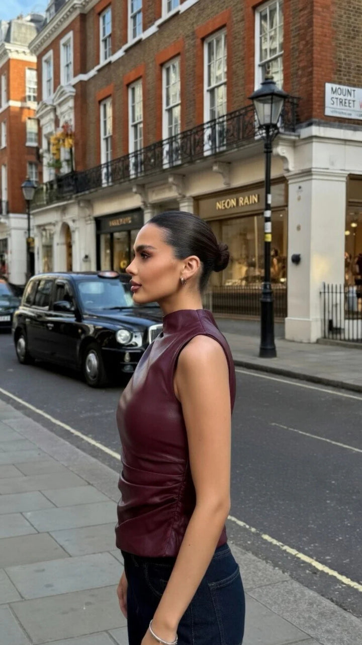 Faux Leather High Neck Sleeveless Top