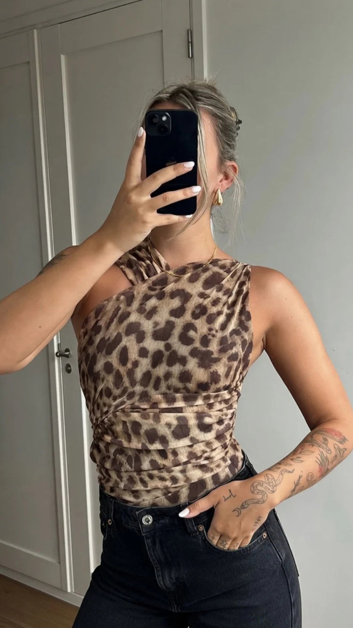 Leopard Mesh Asymmetrical Sleeveless Bodysuit