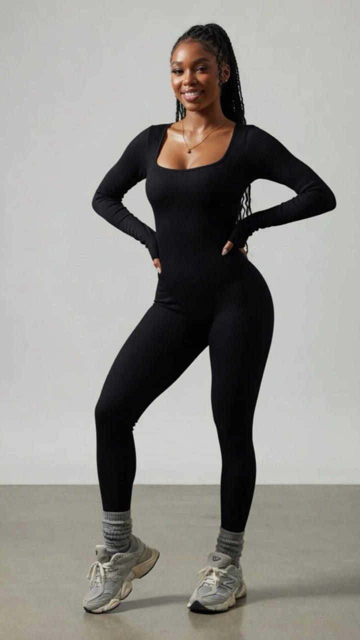 Ribbed Long Sleeve Scoop Neck Jumpsuit