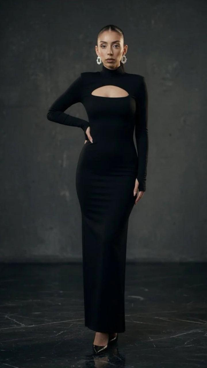 High-Neck Long Sleeve Slit Maxi Dress