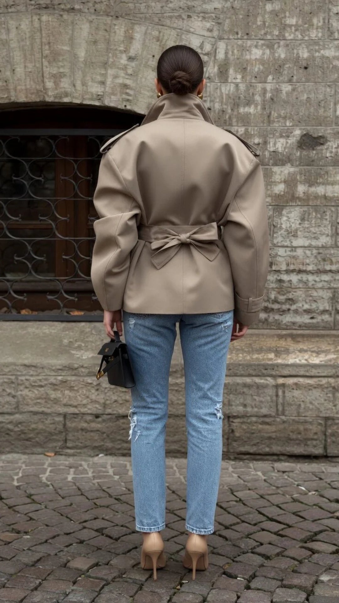 Cropped Lace-Up Detail Trench-Coat