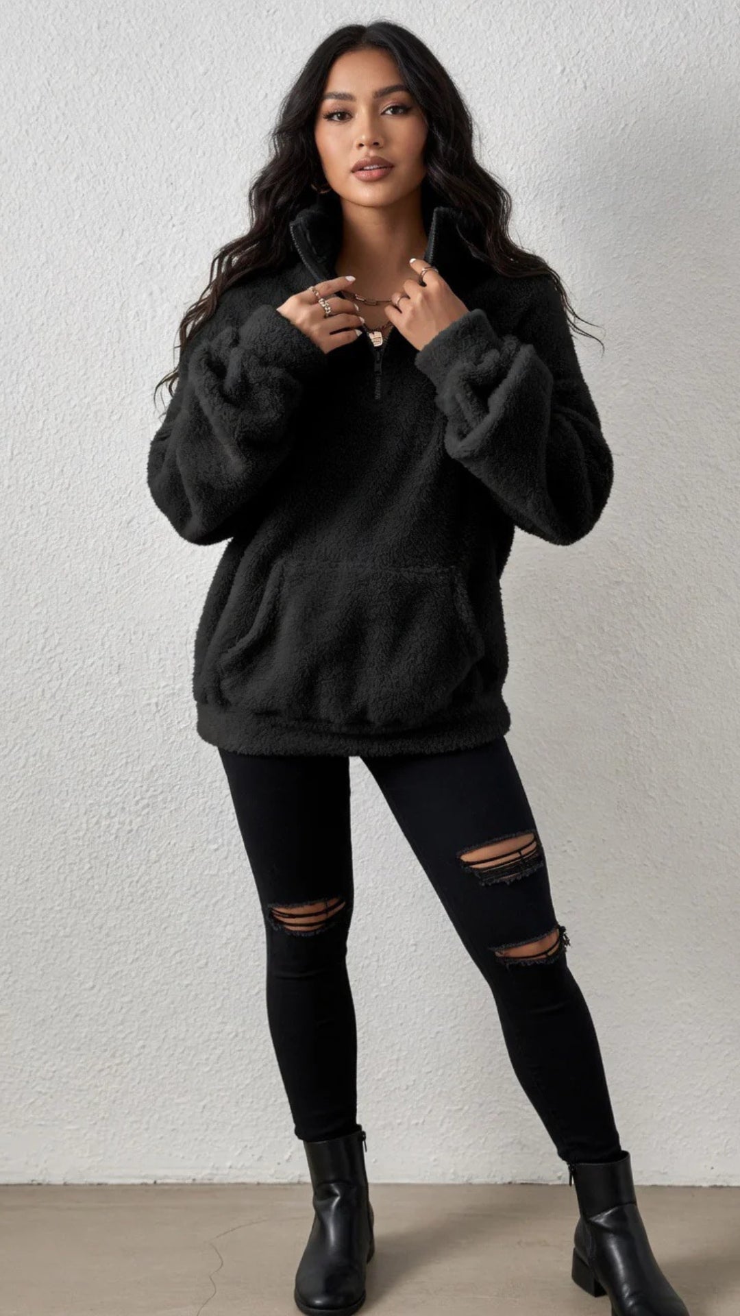 Fuzzy Zip Detail Sweatshirt