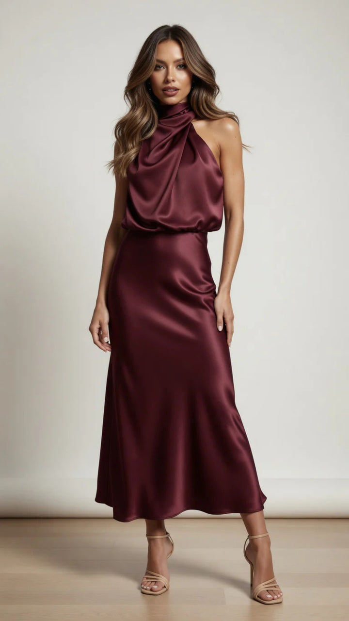 Satin Cowl Halter Neck Midi Dress
