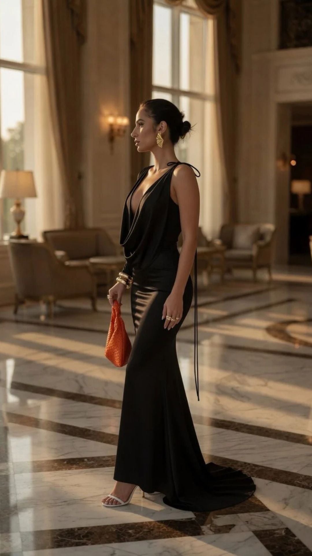 One-Shoulder Cowl-Neck Long Sleeve Maxi Dress