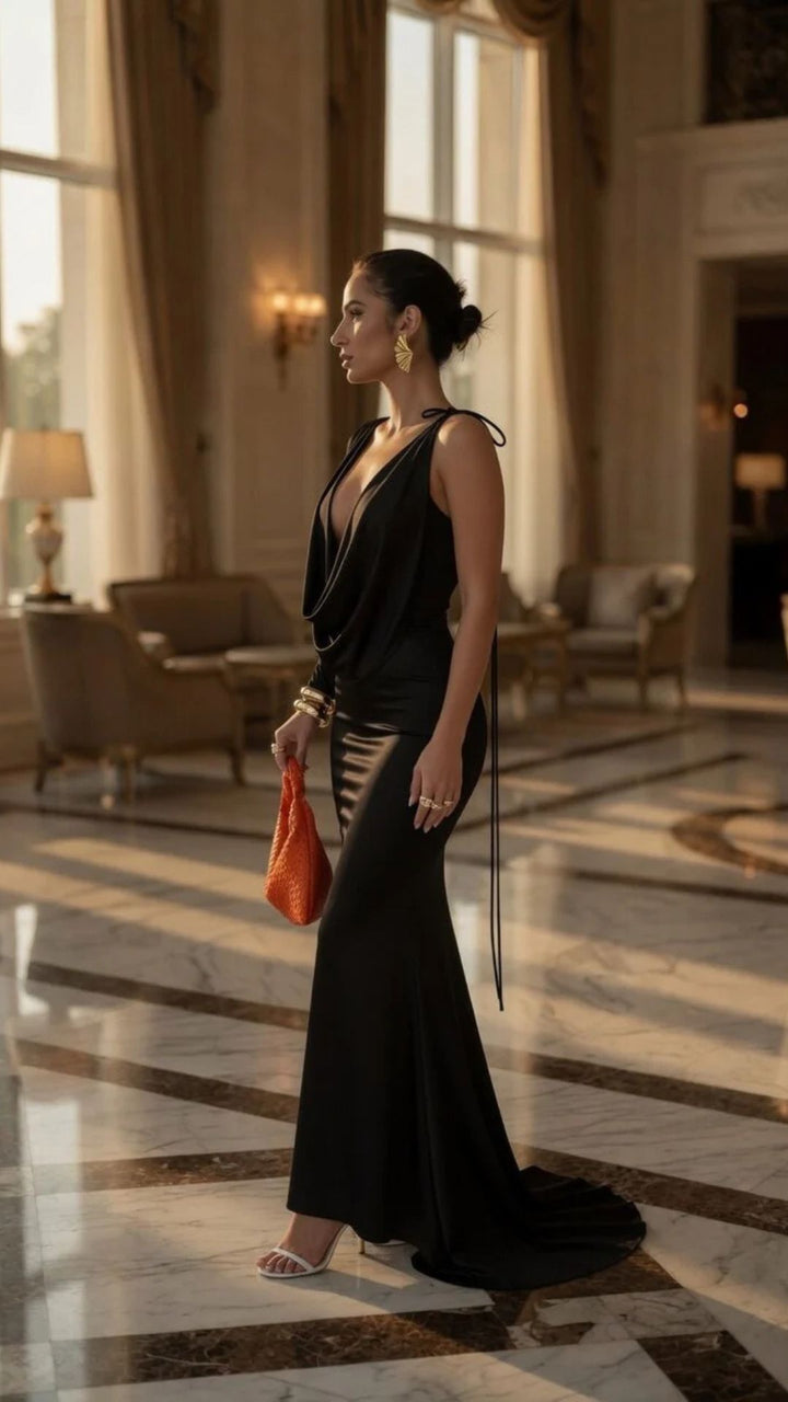 One-Shoulder Cowl-Neck Long Sleeve Maxi Dress