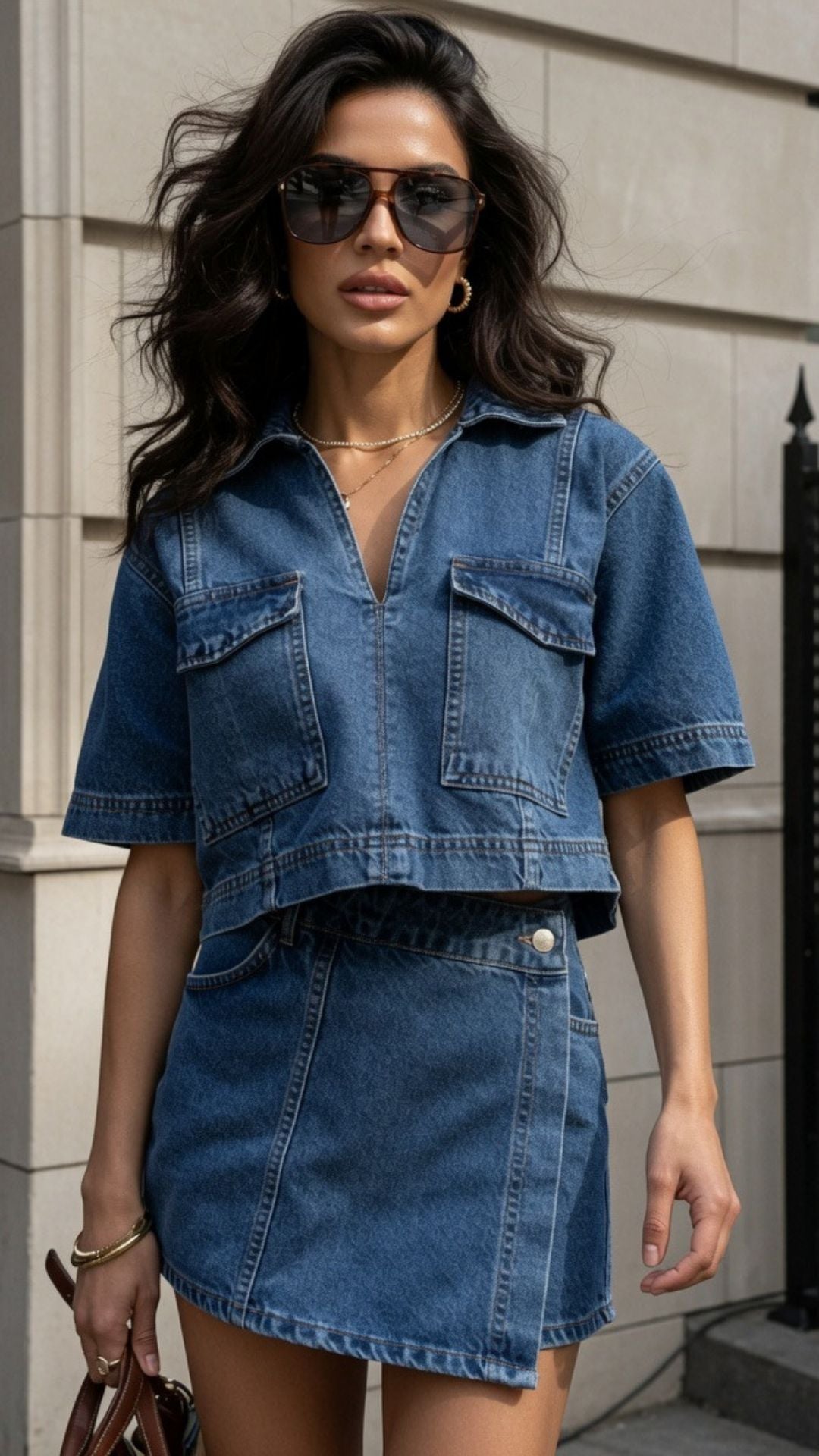 Denim Short Sleeve Crop Top and Asymmetric Skirt Set