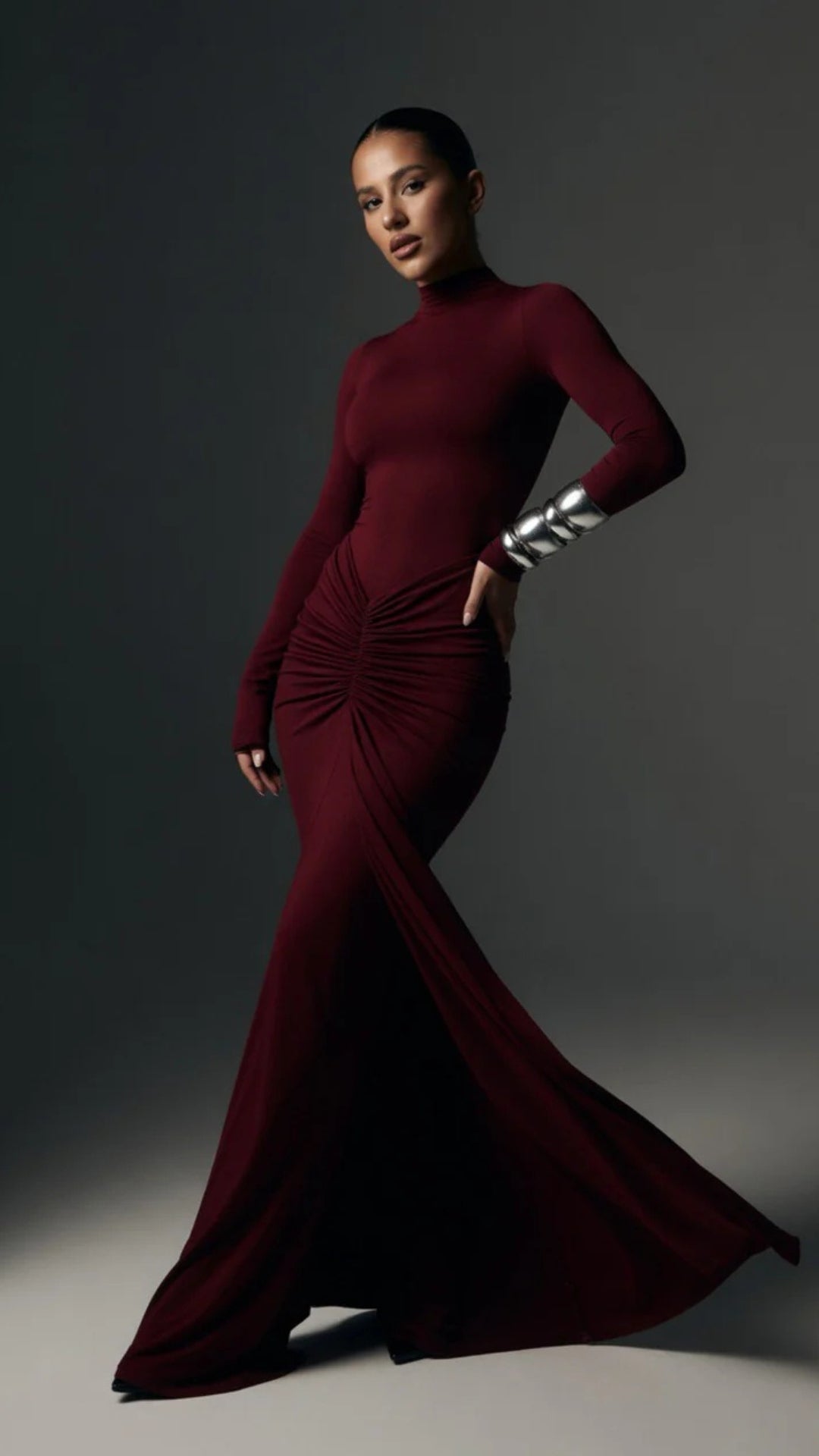 High-Neck Long-Sleeve Maxi Dress