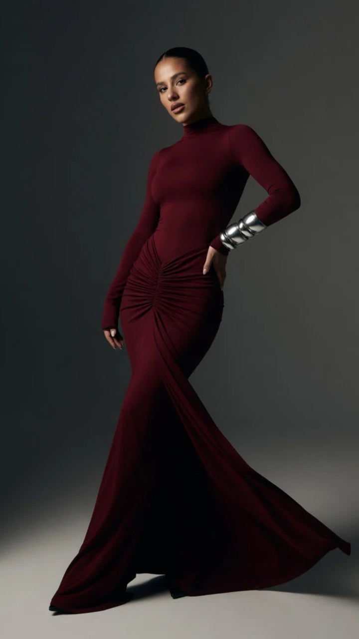 High-Neck Long-Sleeve Maxi Dress