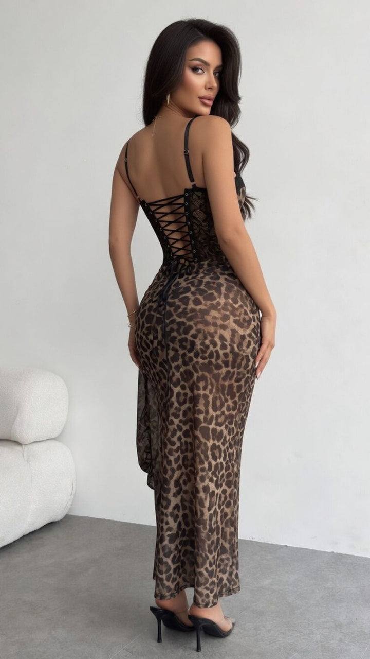 Leopard Print Corset Bodice Ruched Mesh Maxi Dress