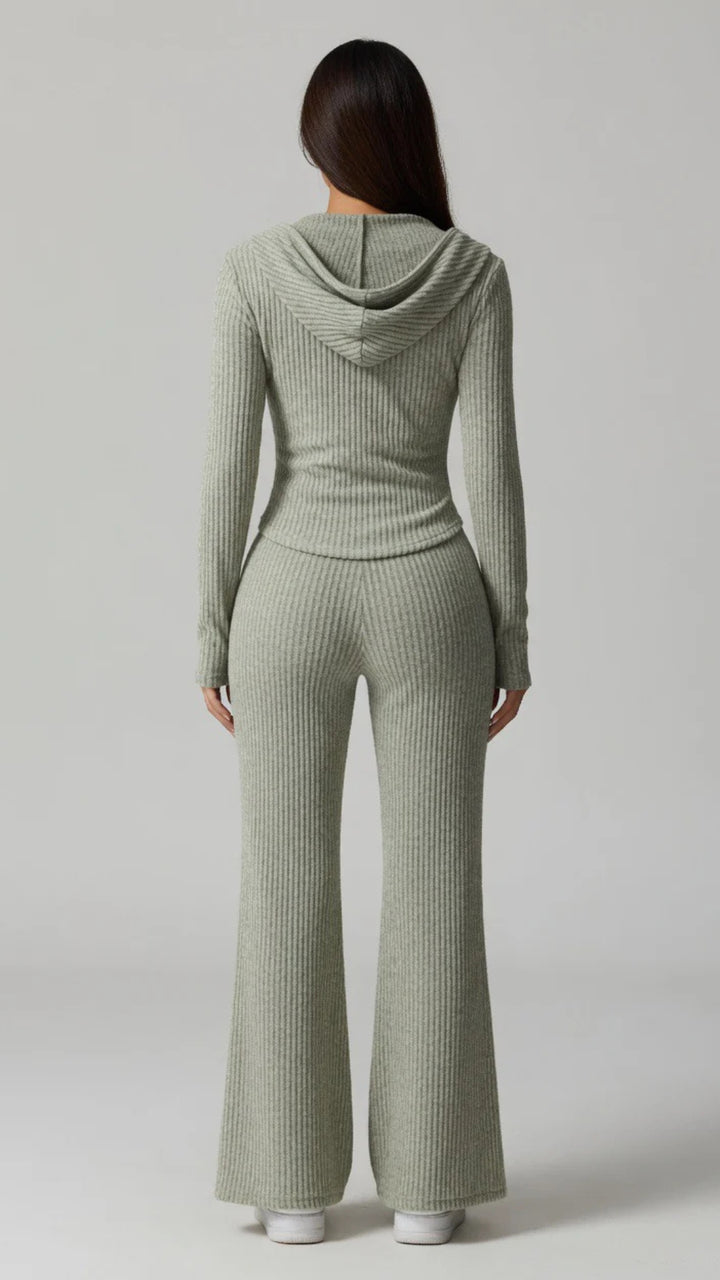 Ribbed Knit Hoodie &amp; Flare Trouser Set