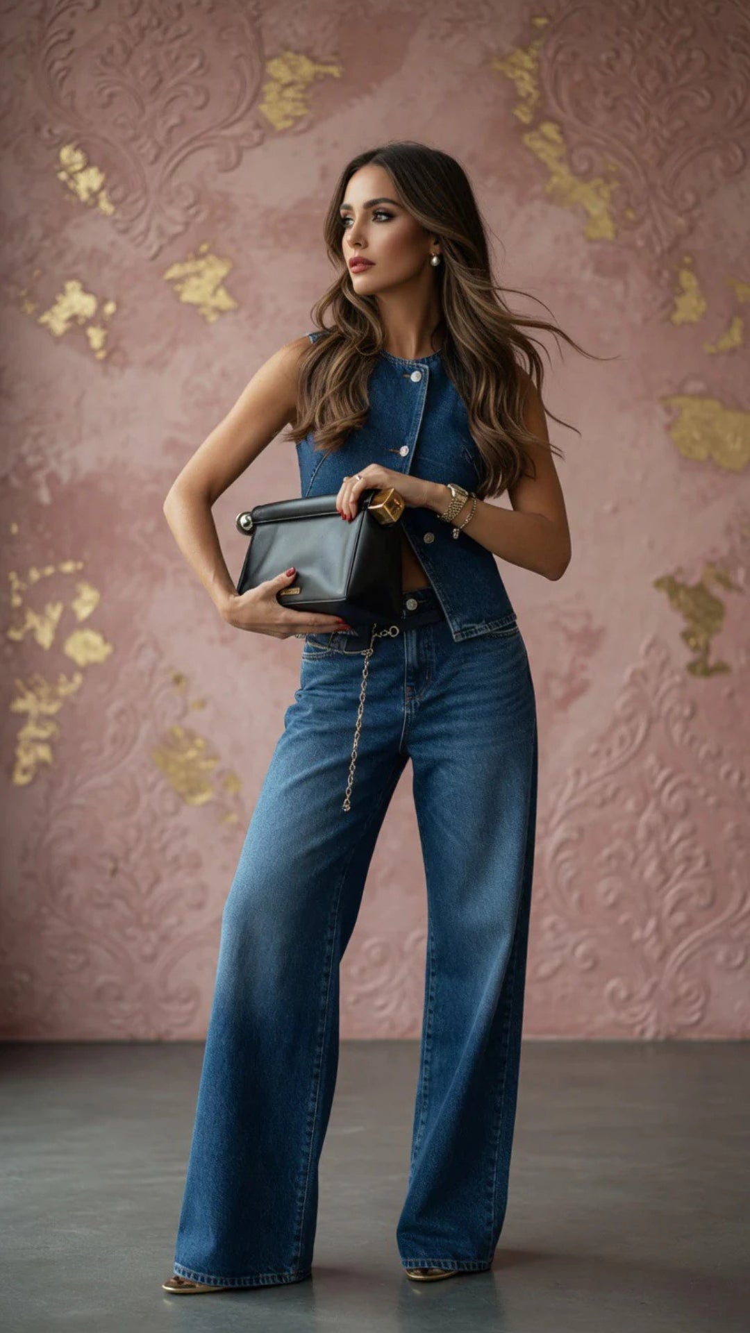 Denim Sleeveless Vest &amp; Wide Leg Jeans Set