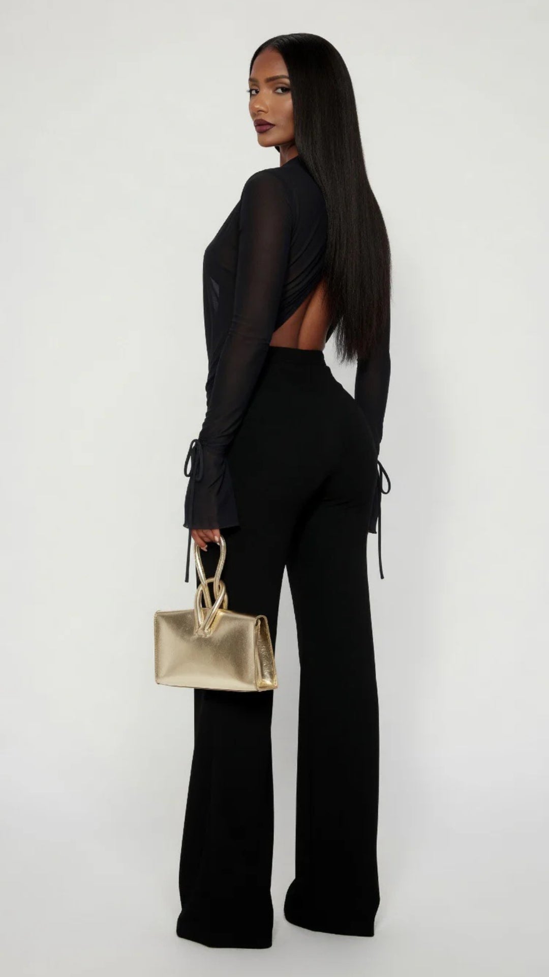 Mesh Deep Cowl-Neck Top and Trouser Set