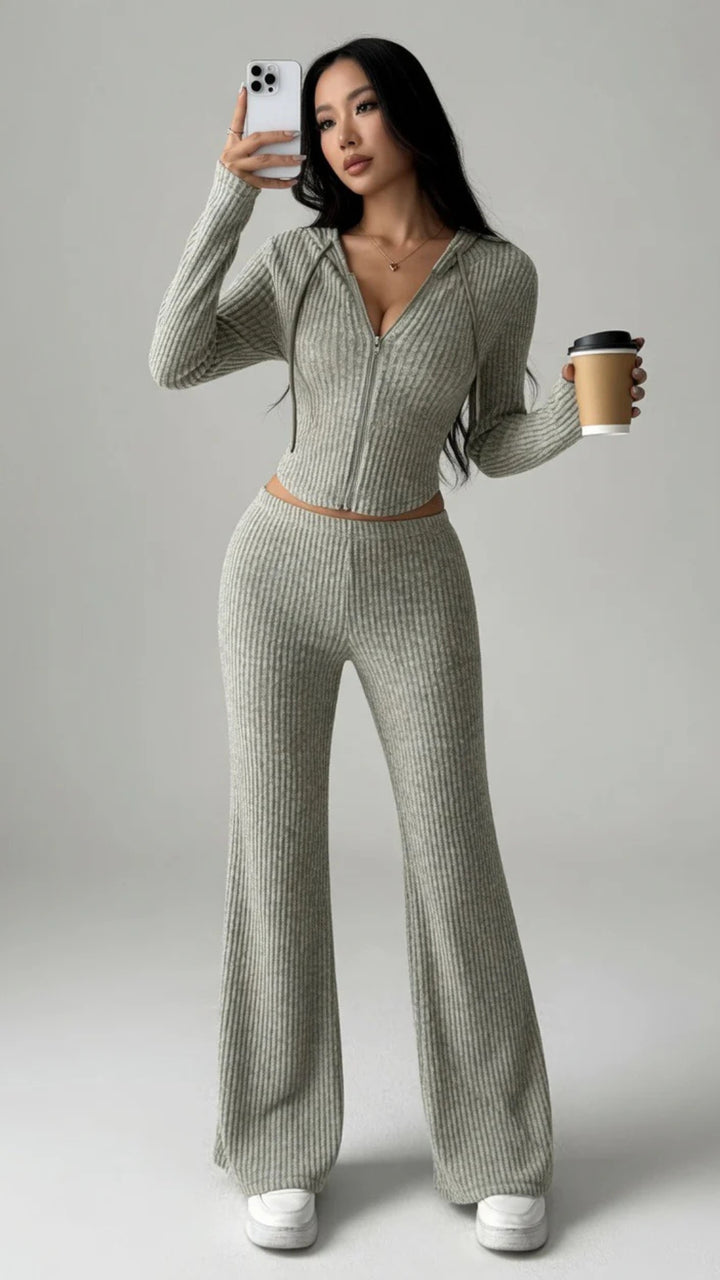 Ribbed Knit Hoodie &amp; Flare Trouser Set
