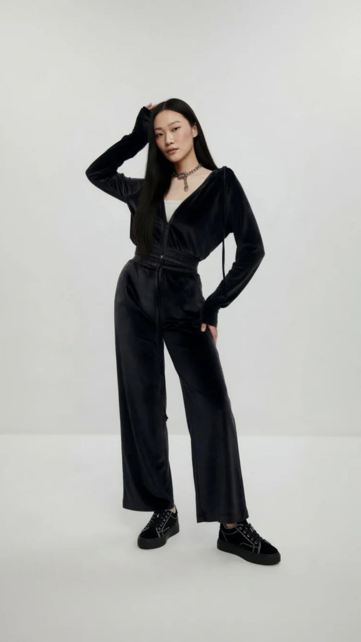 Velour Zip-Up Cropped Hoodie &amp; Wide Leg Trouser Set