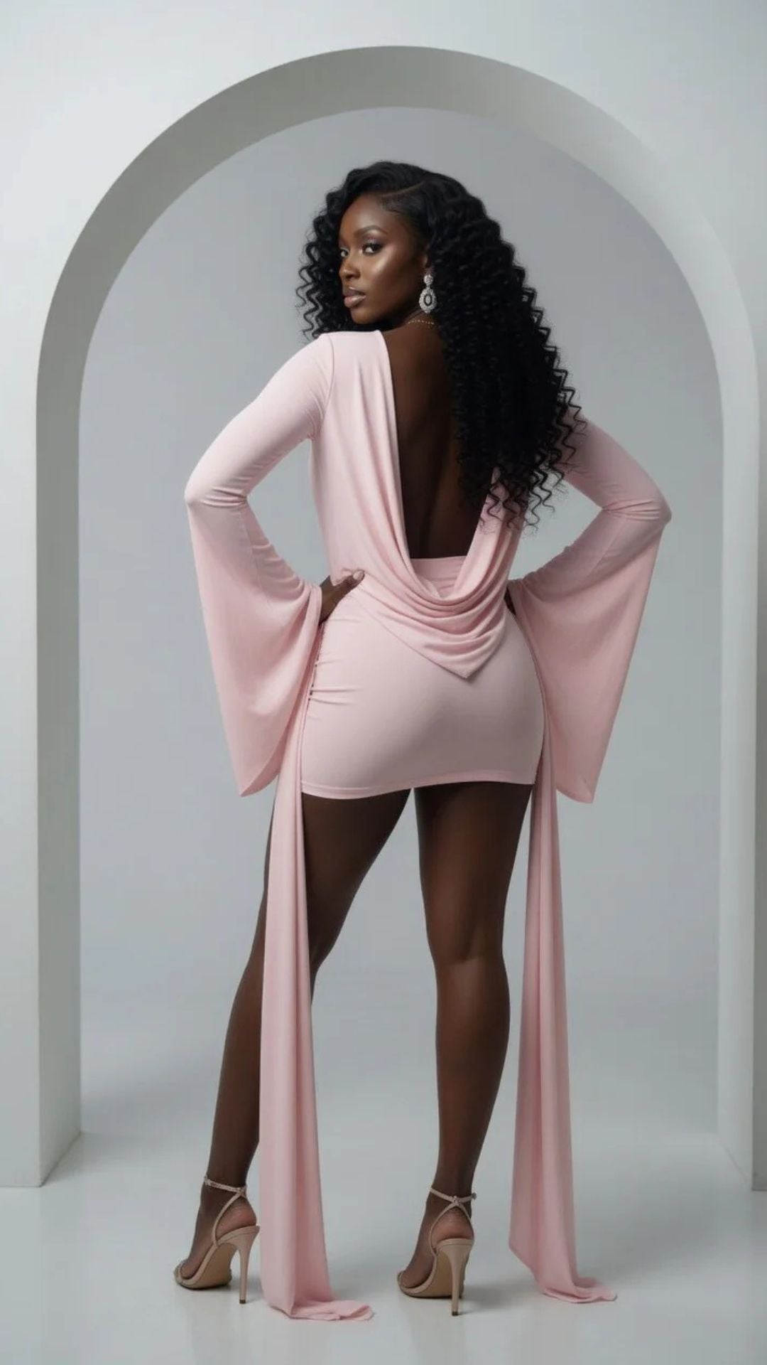 Mesh Cowl-Neck Long Sleeve Mini Dress