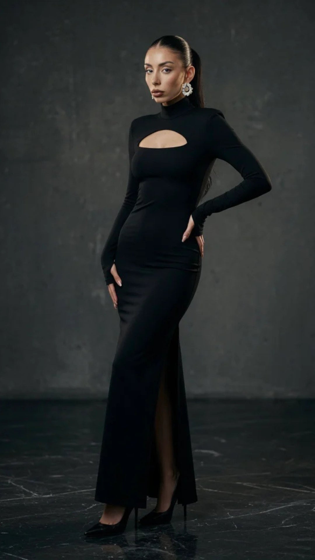 High-Neck Long Sleeve Slit Maxi Dress