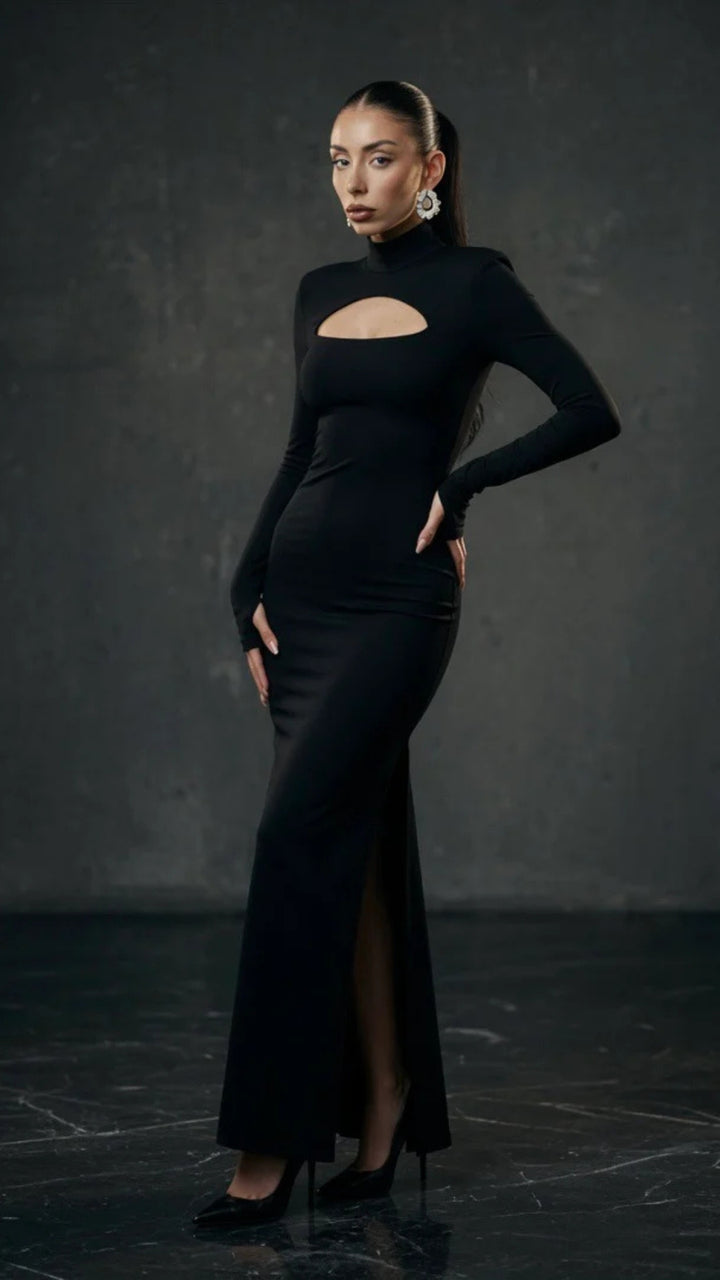 High-Neck Long Sleeve Slit Maxi Dress