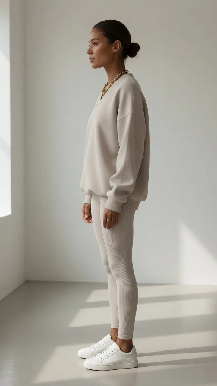 Beige V-Neck Sweatshirt