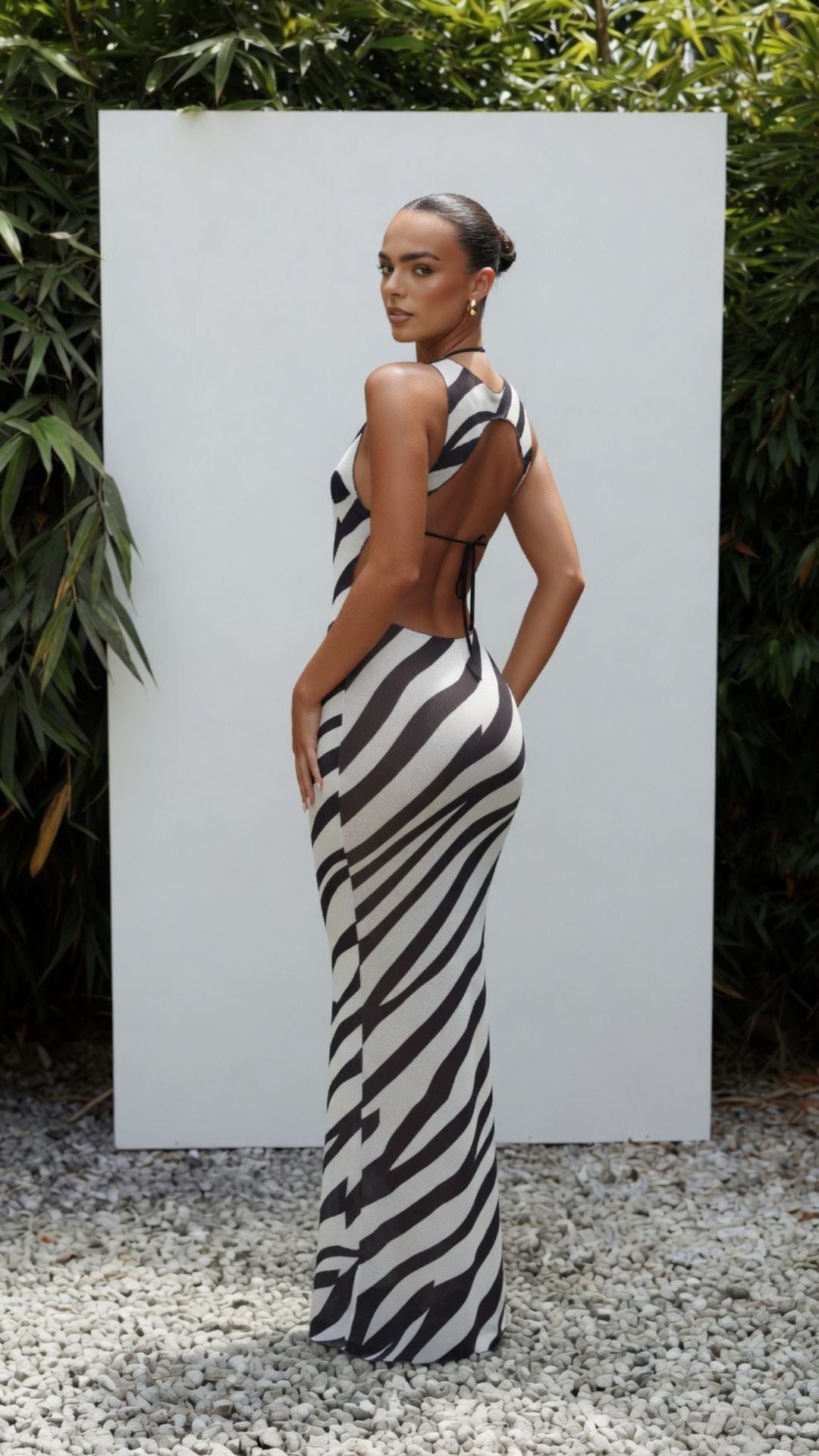 Zebra Print Asymmetrical Cutout Mesh Cover-Up Maxi Dress